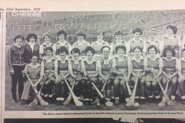 Brigid Carmichael (fifth from left) as part of the Derry team which defeated Cork in the All Ireland Junior camogie Championship final at Croke Park. Photo: Derry Journal