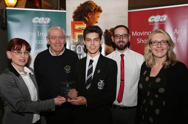 Louis Christopher Kerr from St. Columbs College in Derry~Londonderry pictured with (L-R) Bernie McLaughlin, Foyle Film Festival, Michael Bond, City of Derry Crystal, Paul Doherty, Brunswick Moviebowl and Ingrid Arthurs, CCEA