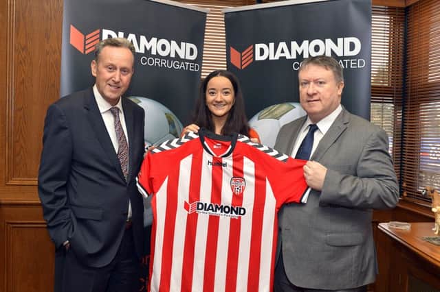 Paul Diamond managing director Diamond Corrugated, Orlaith Meenan marketing manager Derry City FC and Philip ODoherty chairman Derry City FC pictured at the announcement of a new 3 year sponsorship deal between Diamond Corrugated and the Candy Stripes. DER4816GS058