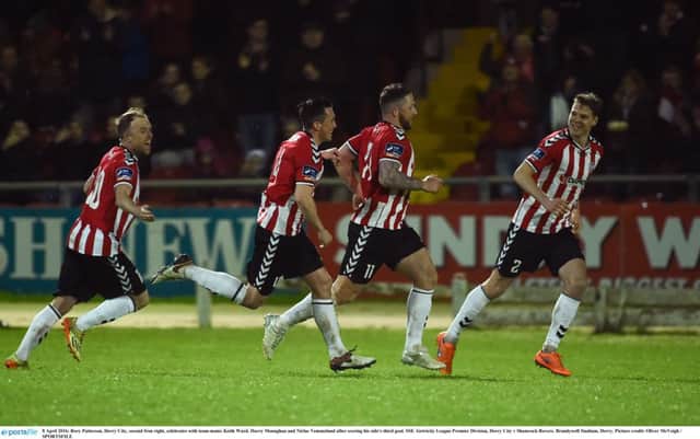 GOOD TIMES  . . . Niclas Vemmelund celebrating victory over Shamrock Rovers at Brandywell last season with teammates,  Rory Patterson, Keith Ward and Harry Monaghan.