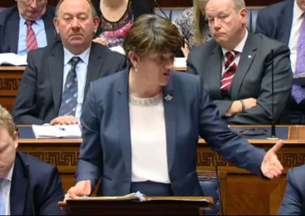 Arlene Foster addressing DUP colleagues only in the Assembly on the RHI scandal, about noon on 19-12-16 (all other parties had walked out).
Taken from BBC live feed of proceedings.