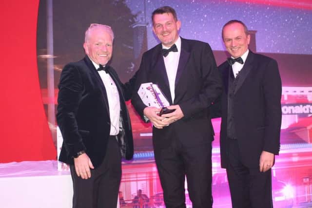 John Keyes (MD Disten), Paul Ward (Head of Restaurant Services for McDonalds UK) and Ellis Watson (DC Thomson Publishing), pictured recently at the Hilton Metropole Birmingham, where Disten were awarded McDonalds Service Company Of The Year, 2016.
