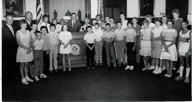 City of Derry Swim team meets New Jersey State Govenor, Tom Kean in 1984.