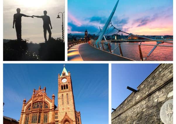 Ten photos of Derry we think you will love. Top left, clockwise, Hands Across the Divide, the Peace Bridge, the ancient walls and the Guildhall.