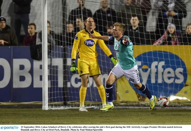 Lukas Schubert, pictured celebrating his goal against Dundalk  at Oriel Park last season, could be set for a return to Derry City his week.