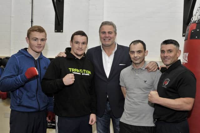 Former IBF world cruiserweight champion and TV pundit Glen McCrory (centre) pictured with Bret McGintty, Sean McGlinchey Eugene Budge OKane and Christie Doherty at the official opening of Oak Leaf Boxing Clubs new facilities at Rath Mor Business Park recently.  DER3216GS050