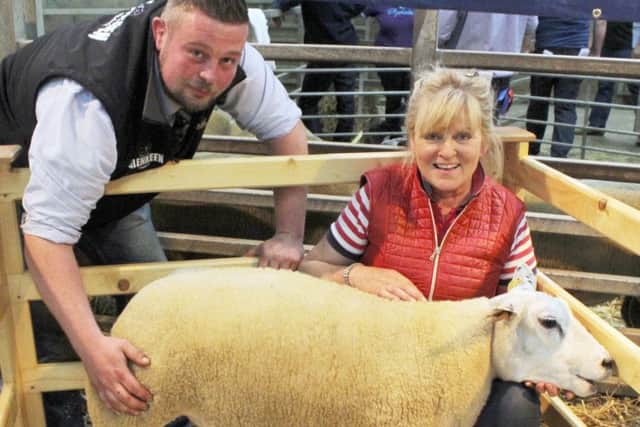 John Harbinson and Shirlee Nicholson with the Glenkeen flock Shearling Ewe.