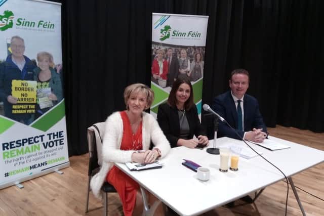 Sinn Fein MEP Martina Anderson (left) with chair at the Brexit Business Breakfast event at An Culturlann, Councillor Elisha McCallion, and Stephen Kelly from Manufacturing NI.