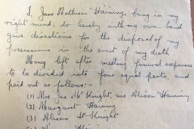 Jane Haining's will letter. (Pic courtesy of Church of Scotland)