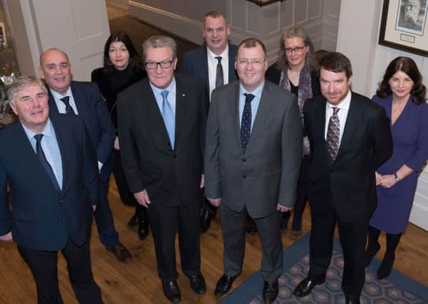 Pictured at the Australian High Commissioners visit to Derry are, from left, George Fleming, Fleming Agri-Products, Kieran Kennedy, ONeills Sportswear, Sharon Forbes, Finrone Systems, The Hon Alexander Downer, Australian High ,Commissioner to the UK, Paul Kirkpatrick, DuPont, Stephen Gillespie, DCSDC, Rosalind Young, DCSDC, Richard Andrews, Australian Ambassador to Ireland, Sinead McLaughlin, Londonderry Chamber of Commerce.
