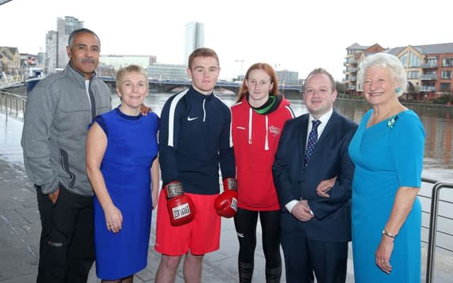 Left to right.  Daley Thompson, Chair of the trust Eilish Rutherford, boxer Brett McGinity, Irish Senior Champion in 50m, 100m and 200m backstroke Danielle Hill, Alyn Spratt of sponsor Bluefin Sport and Dame Mary Peters.
 
Picture by Jonathan Porter/Press Eye