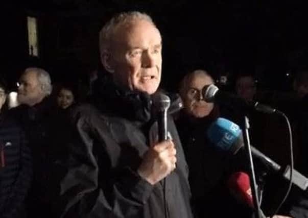 Martin McGuinness addressing people in the Bogside on Thursday night. (Picture: Charlie McMenamin)