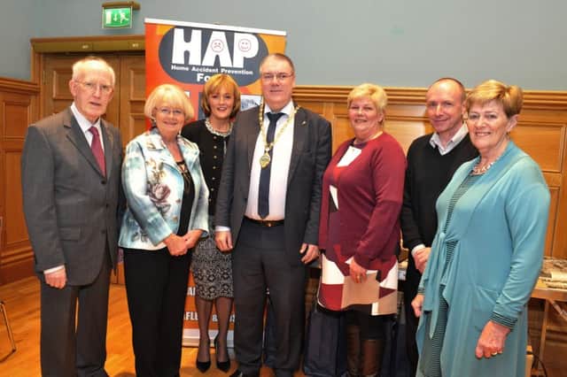 Deputy Mayor Colr Jim McKeever pictured with committee members at the recent mayoral reception in the Guildhall to commemorate the 50th Anniversary of Home Accident Prevention Foyle. From left. Albert Smallwoods, Collette Craig, Ann McElhenney, Colr Angela Dobbins, Paul Rafferty and Joan Henderson. DER0317GS008