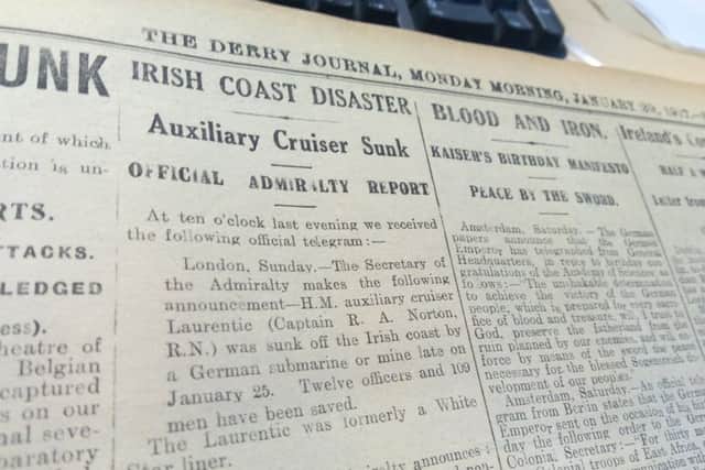 The first mention of theLaurentic disaster in the Derry Journal back in January 1917.