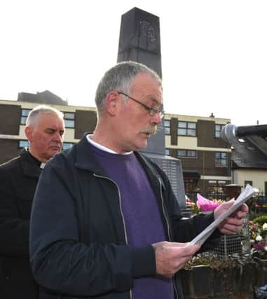 Gerry Duddy reads a statement on behalf of relatives during the 45th anniversary service at the Rossville Street Bloody Sunday memorial on Sunday morning last. DER0517GS010