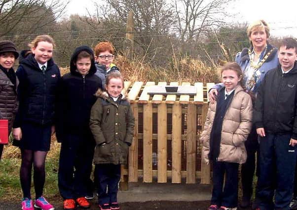 Pictured at one of the newly installed bins are pupils from St Canice's Primary School in Feeny, Eco-Schools Co-Ordinator Mrs Joanne Mooney, the Mayor of Causeway Coast and Glens Borough Council Alderman Maura Hickey and Waste Management Officer John McCarron.