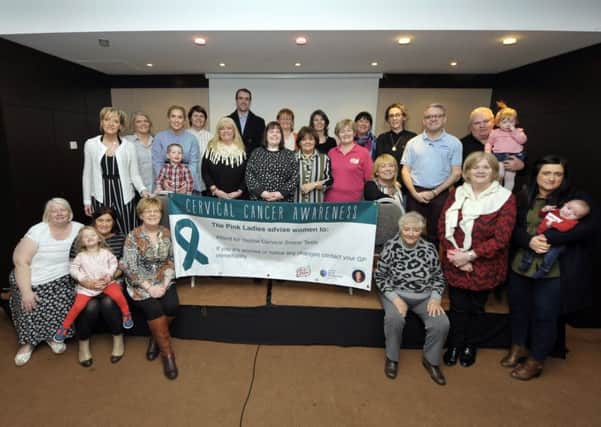 Pictured are some of the people who attended the recent  Pink Ladies and Team Sorcha Cervical Cancer Awareness Coffee Morning in memory of Sorcha Glen held in the Maldron Hotel. Included in the picture are Martina Anderson MEP and Mark H Durkan MLA. DER0417GS020