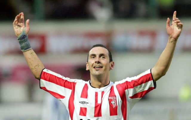 The late Mark Farren celebrates one of his 113 goals for Derry City.
