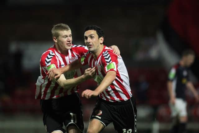 Derry's Mark Farren celebrates his goal with James McClean.
 Photo Lorcan Doherty Photography