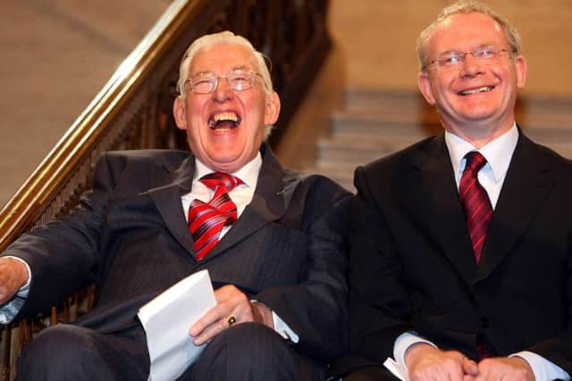 Ian Paisley (left) then First Minister and Martin McGuinness (right) then deputy First Minister, after being sworn in as Ministers of the Northern Ireland Assembley in 2007. Photo: PA/Paul Faith