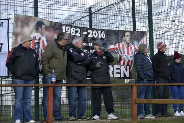 Derry City fans pictured at the Greencastle FC against Derry City game in memory of Mark Farren, in Greencastle on Saturday afternoon last. DER0517GS097