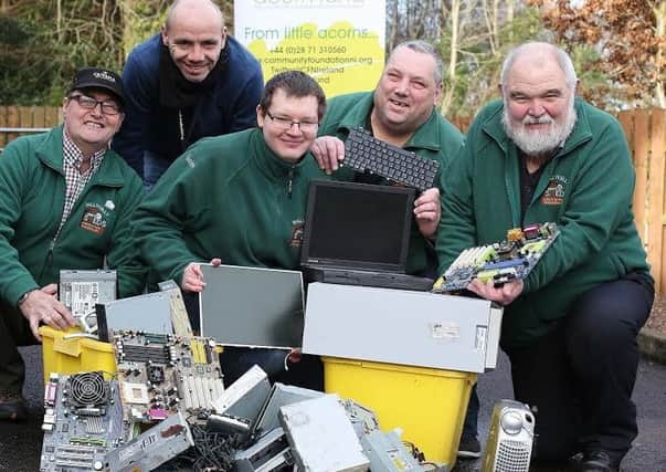 Members of the Ballykelly Mens Shed celebrating after receiving an Acorn Fund City of Culture Legacy Grant for the development of a new art installation in the Village, which will be created using parts of old computers and hard drives. Pictured (L-R) Robert Shaw, Andy Guy, Barrie Jackson, Brian McCluskey and James Jayson.
