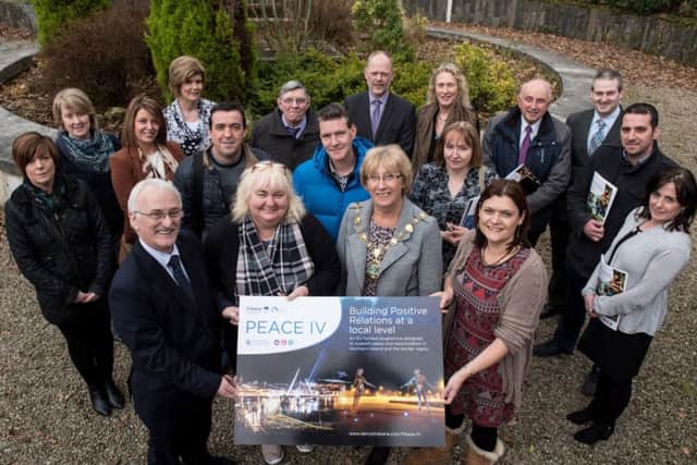 Members of  the Peace IV Partnership Board pictured following their meeting in St. Columb's Park House. Included are the Mayor Alderman Hilary McClintock and Sue Divin, manager of the Peace Programme with Derry City and Strabane District Council and Councillor Drew Thompson, Peace IV Partnership Board, Catherine Cooke, Chair, Building Positive Relations Steering Group. Picture Martin McKeown. Inpresspics.com. 14.02.17