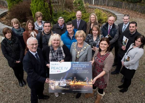 Members of  the Peace IV Partnership Board pictured following their meeting in St. Columb's Park House. Included are the Mayor Alderman Hilary McClintock and Sue Divin, manager of the Peace Programme with Derry City and Strabane District Council and Councillor Drew Thompson, Peace IV Partnership Board, Catherine Cooke, Chair, Building Positive Relations Steering Group. Picture Martin McKeown. Inpresspics.com. 14.02.17