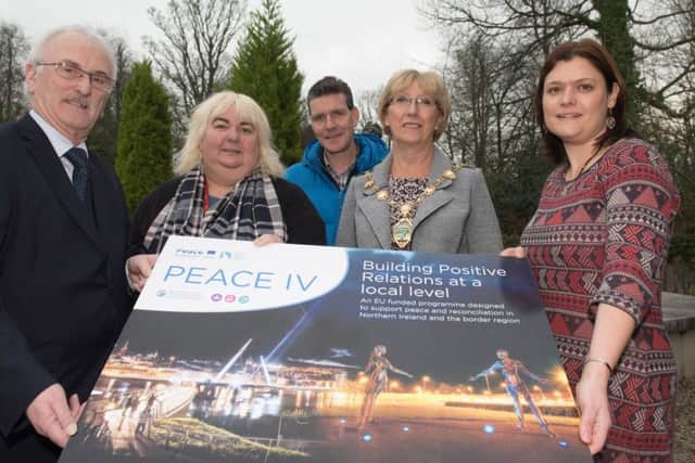 Members of the Peace IV Partnership Board pictured following their meeting in St. Columb's Park House. Included are the Mayor Alderman Hilary McClintock and Sue Divin, manager of the Peace Programme with Derry City and Strabane District Council and Councillor Drew Thompson, Peace IV Partnership Board, Catherine Cooke, Chair, Building Positive Relations Steering Group and Councillor John Boyle, Chair, Shared Spaces Steering Group Picture Martin McKeown. Inpresspics.com. 14.02.17