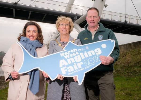 Mayor of Derry City and Strabane District Council Alderman Hilary McClintock at the launch of the NW Angling Fair taking place in Strabane on 08 and 09 April. Also included is Liz Cunningham, festival and events co-ordinator with Derry City and Strabane District Council and Gerry McAleer,  GAIA APGAI qualified Instructor in both single and double handed fly-casting.