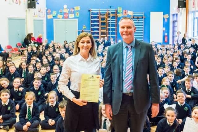 Grainne Kelly at St Patricks school Pennyburn as part of the #ILoveYouEnough Campaign with Eamon Devlin. (Picture Bernard Ward)