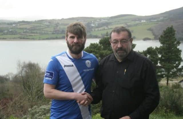 Former Derry City F.C. player, Paddy McCourt (left), pictured after he signed for Finn Harps. Included is club secretary John Campbell. (Photo: Finn Harps)