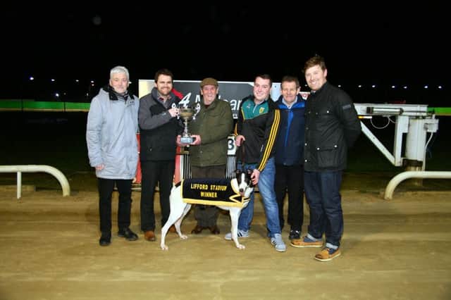 The recent A McLean Bookmakers A2/A3 525 Final  was won by  Central Cloud from trap No.2 in a time of 28.83. The RM at Lifford Greyhound Stadium, Paul Murphy, presented the trophy to Mr Brendan Duffy from Derry City. Others included from left were Mr. Peter Hutton, Cathal Mc Ghee (who is holding the dog) and Mr Brian Duffy, nephew of Brendan.