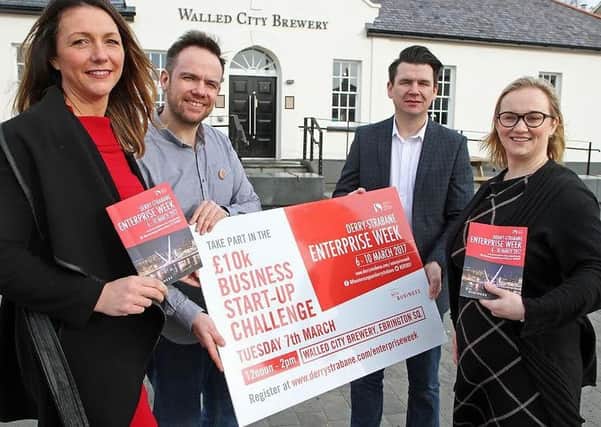 Attending  the Derry-Strabane Enterprise week launch of the Â£10k Business Start-up Challenge are (from left),  Tara  Nicholas,  with Derry & Strabane District Council, James, Huey,  proprietor of the Walled City Brewery, who are hosting the event and judges, Liam Nelis and Catherine Ross . 0217-7365MT.