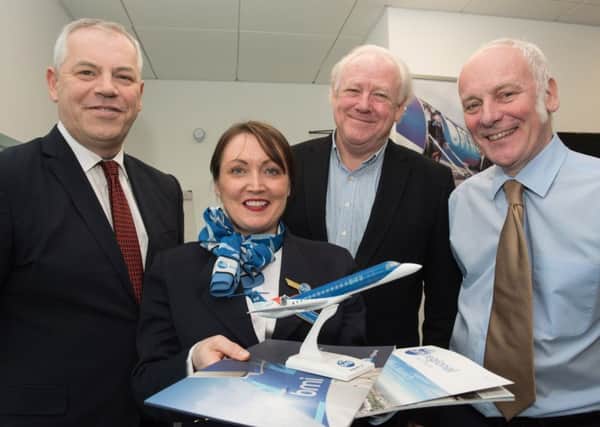Derry City and Strabane District Council Chief Executive John Kelpie, Kirsty Cruickshank, Product Delievery and Charter Liason Manager, BMI Regional, Ian Woodley, BMI Regional Board Member and Tom Wilson, Accountable Manager, City of Derry Airport pictured at announcement that BMI Regional are to operate a route to Stanstead Airport starting on the 2nd of May 2017. PIcture Martin McKeown. Inpresspics.com. 23.02.17