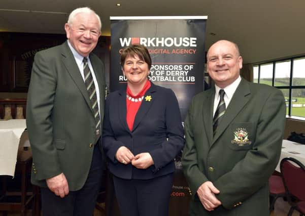 Outgoing First Minister Arlene Foster pictured Moss Dineen PRO and Sean O Kane Senior Vice President, City of Derry Rugby Club, during her visit to the club to view the clubs North West Centre for Sport and Wellbeing proposal. DER0817GS013