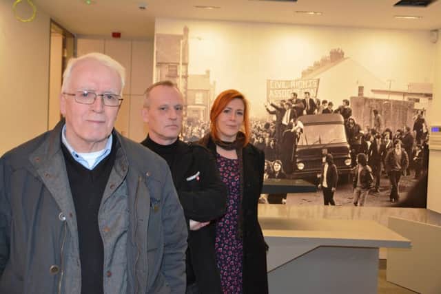 Museum of Free Derry staff John Kelly, Adrian Kerr and Julieann Campbell pictured in the new-look exhibition space in the Bogside.
