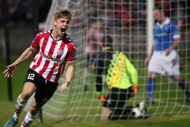 Derry City's Joshua Daniels, pictured celebrating his first goal for his hometown club against Finn Harps last year, has broken his silence about the tragic loss of five of his family members.
Photo- Lorcan Doherty/Presseye.com