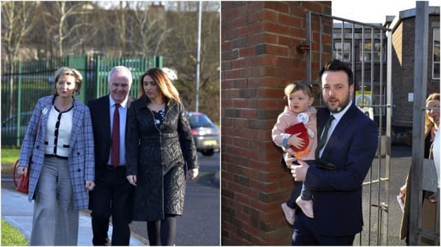 Sinn Fein Assembly candidates Raymond McCartney and Elisha McCallion arrived at Lenamore with MEP Martina Anderson and (right), SDLP Leader Colum Eastwood with daughter Rosa leaving The Model Primary School.