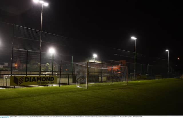 A general view of the goals after floodlight failure resulted in the game being abandoned in the SSE Airtricity League Premier Division match between Derry City and Limerick at Maginn Park in Buncrana, Donegal. Photo by Oliver McVeigh/Sportsfile