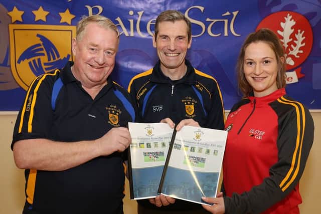 Steelstown Brian Og's Chairman, Michael Heffernan, James McGurk (Club Coaching Officer) and Lizzie Keys (Ulster GAA) pictured at the launch of the club's first ever Football Development Action plan this week.