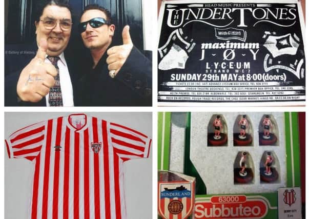 10 weird and wonderful Derry items for sale on Facebook include, from top left, clockwise, a photo of John Hume with Bono - the photo is signed by John Hume; a concert poster which featured The Undertones, a Derry City F.C. Subbuteo team from the 1980s and a Derry City F.C. Umbro home jersey from the 1988/89 season.