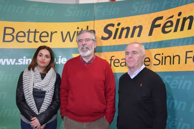 Foyle Sinn Fein MLAs Elisha McCallion and Raymond McCartney with party leader Gerry Adams.