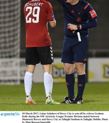 Lukas Schubert of Derry City is sent off by referee Graham Kelly during the SSE Airtricity League Premier Division match between Shamrock Rovers and Derry City at Tallaght Stadium in Tallaght, Dublin. Photo by Matt Browne/Sportsfile