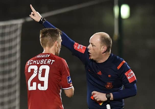 CONTROVERSIAL . . . Lukas Schubert of Derry City is sent off by referee Graham Kelly during the SSE Airtricity League Premier Division match between Shamrock Rovers and Derry City at Tallaght Stadium.