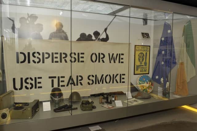 Exhibits, including flags flown from the top of Rossville Street flats in 1969, on display at the newly refurbished Free Derry Museum. DER0717GS025