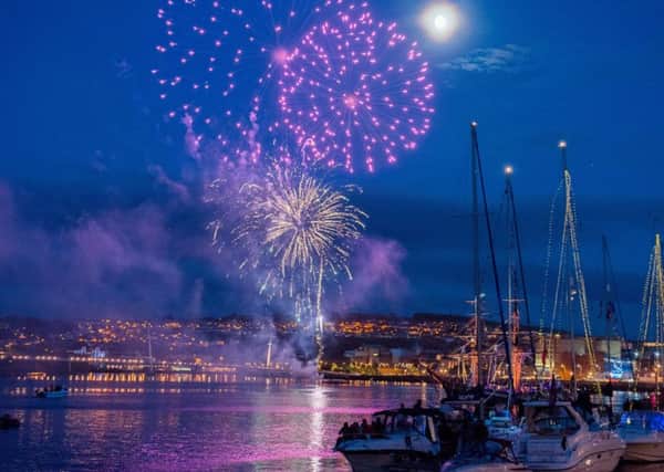 The fireworks over the River Foyle as part of the Voyage of Sunniva the story of a 10th century Irish Queen who fled to Norway with her followers. The display was part of the Martime Festival in Derry which had at its centre the arrival and departure of the Clipper Round the World Yacht Race in 2016. Picture Martin McKeown. Inpresspics.com. 16.07.16