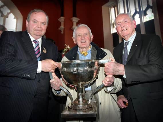 Roddy Gribbin with fellow star of the Derry 1947 National League winning team, Paddy MccErlean, and then GAA President Liam O'Neill the 125th Anniversary celebration of Derry GAA back in 2013.