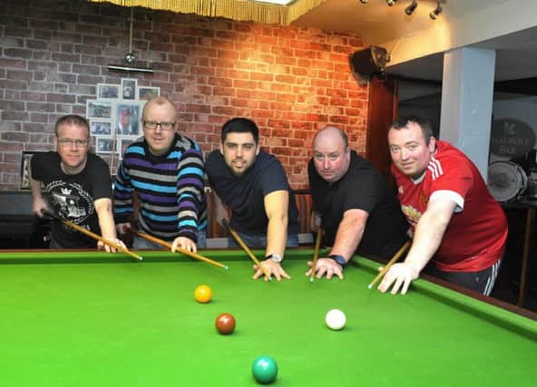 Shantallow House's pool of players in this season's league competitions. While their bid to to win Division One for the fourth year on the bounce evaporated last week, they bagged team snooker's ultimate prize (Premier League title). From left  Pete Murphy and Ralph Dixon, together with the Premiership's triumphant trio of Stephen Brady, Joe Porter and Peter Doherty.