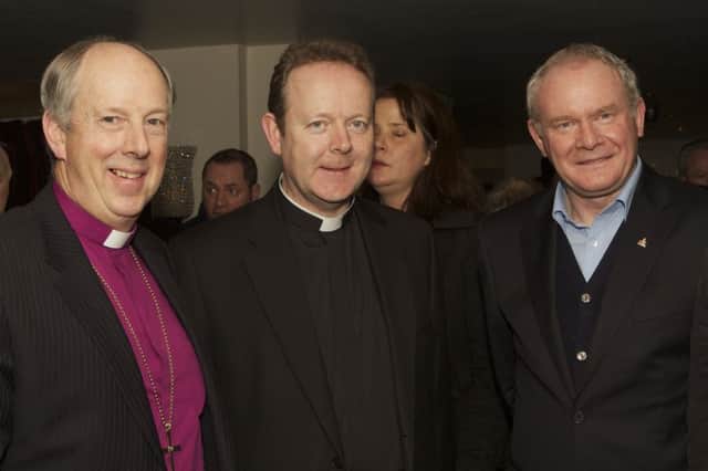 Right Rev Ken Good, Bishop of Derry and Raphoe, Mgr. Eamon Martin, Coadjutor Archbishop of Armagh, and the then Deputy First Minister Martin McGuinness pictured back in 2013.  (Photo - nwpresspics)